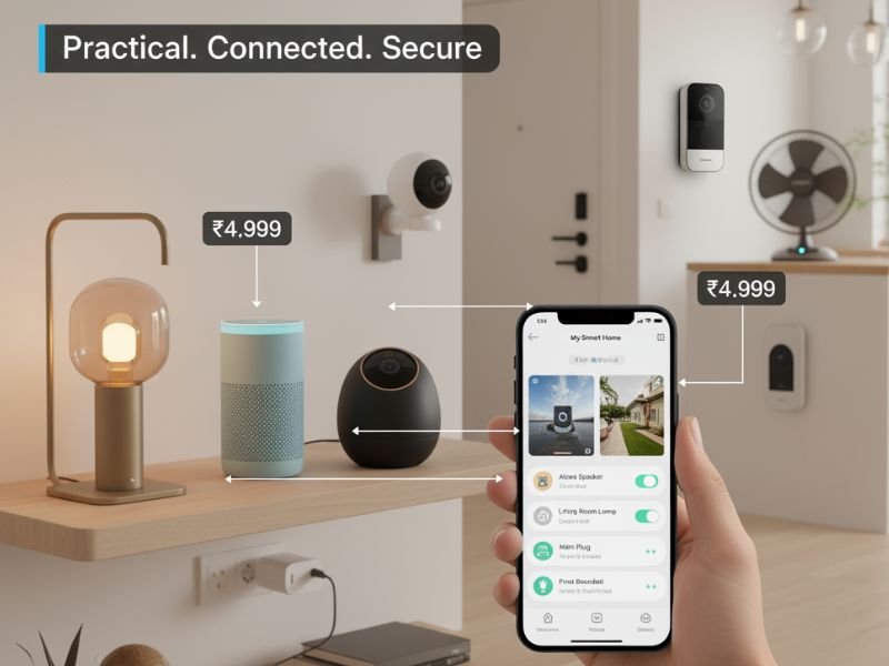 Best Smart Home Devices Under ₹5,000 (India) — 2025 Picks 2 A cozy modern living room setup featuring an Alexa smart speaker, a glowing smart bulb, and a smart plug — showcasing the best smart home devices under ₹5,000 in India for 2025.