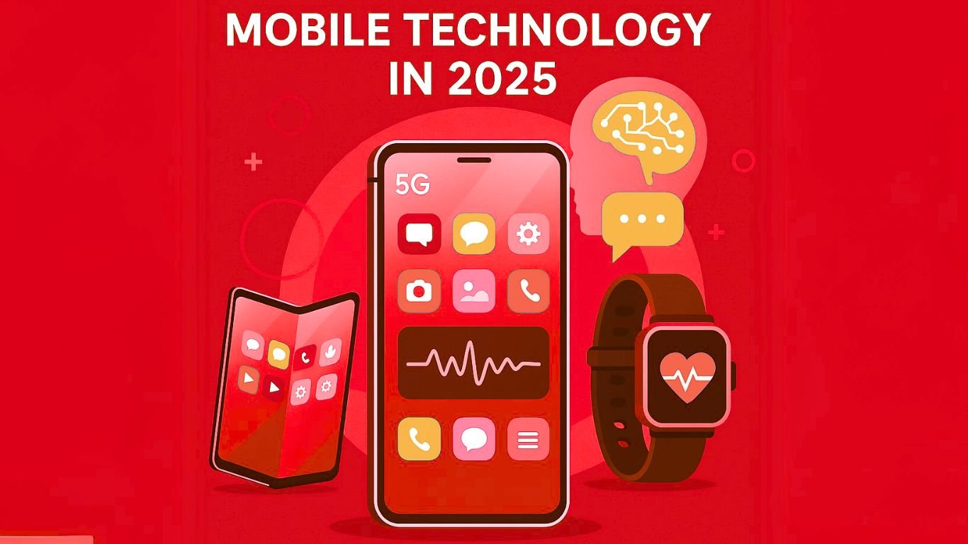 People using mobile phones and apps with modern tech features like AI, 5G, and smart connectivity – an illustration of future mobile trends in 2025.