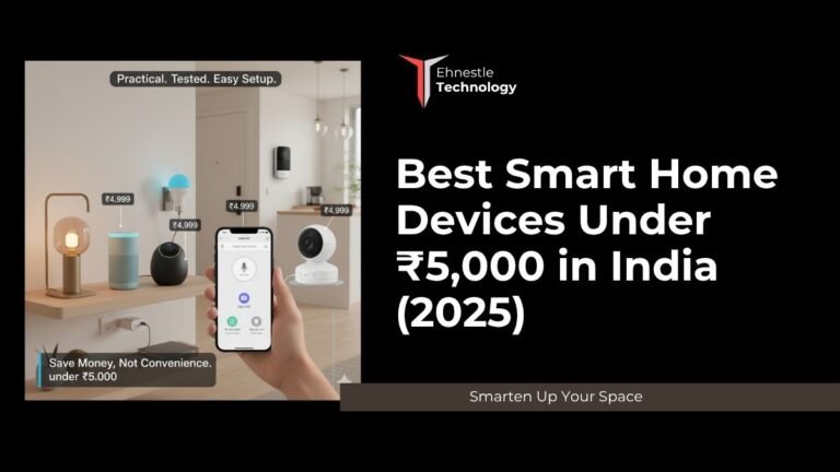 Best Smart Home Devices Under ₹5,000 (India) — 2025 Picks 1 A cozy modern living room setup featuring an Alexa smart speaker, a glowing smart bulb, and a smart plug — showcasing the best smart home devices under ₹5,000 in India for 2025.